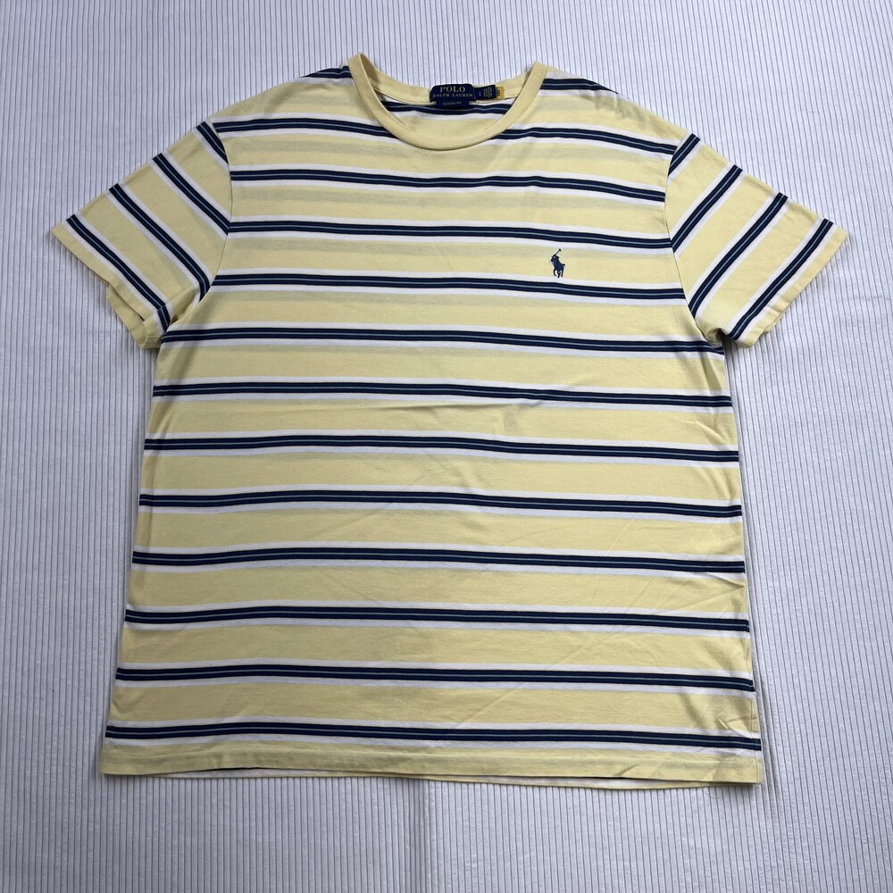Polo Ralph Lauren Shirt Mens L Yellow Striped Pony Tee Crew Neck Classic Fit
